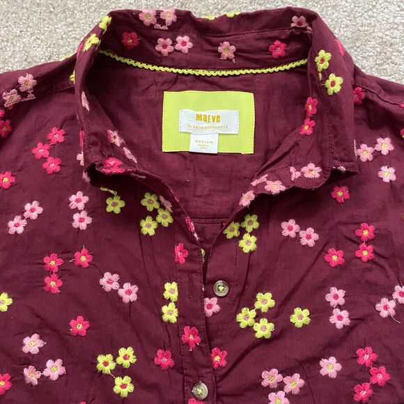 Maeve Embroidered Buttondown Blouse Size Medium Floral Burgundy Maroon Colorful - Picture 10 of 12